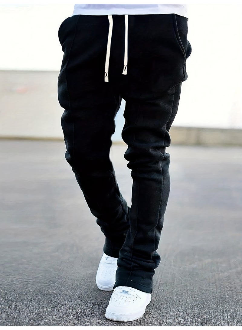 Men's Casual Pants Black Baggy Sweatpants with Front Seam Contrast Drawstring Oversized Streetwear Trousers - Image 1